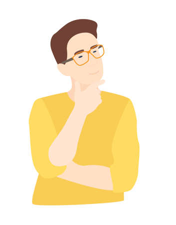 thoughtful guy with glasses, smart man solving a problem, in yellow clothes, flat cartoon vector.のイラスト素材