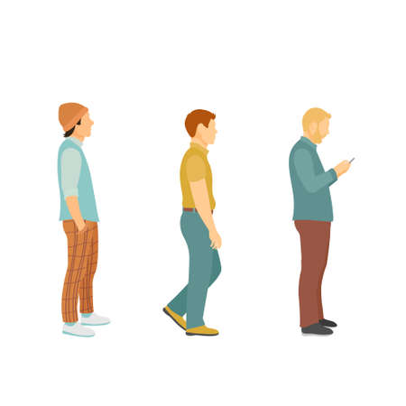 Three men in modern clothes in full growth stand in line after each other, cartoon vector illustration.のイラスト素材