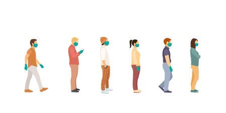 people stand queue and one person fits. Full length of cartoon sick people in medical masks and gloves standing in line against at a safe distance. flat vector illustrationのイラスト素材