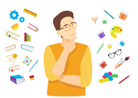 young man male student chooses between humanities and technical sciences. where to go study...