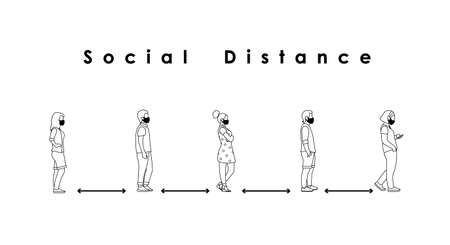 social distance. Full length of cartoon sick people in medical masks standing in line against at a...