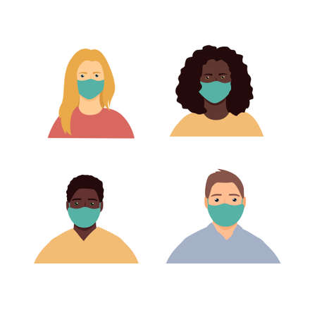 Portraits of black and white people in medical masks, flat vector illustration.