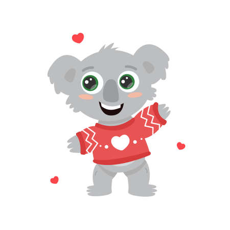 cute cheerful australian koala in a sweater with a heart, holiday valentines day. flat cartoon vector illustration.のイラスト素材
