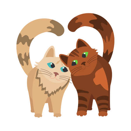 two cats rub against each other, tails like a heart. flat vector illustration isolated on white background.のイラスト素材