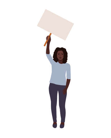 black woman hold blank poster in hand, activist. vector illustration.のイラスト素材