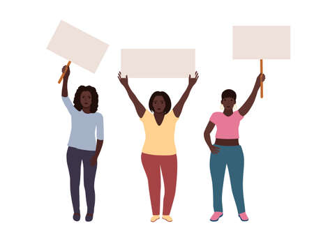 black women standing together and holding blank banner. People taking part in parade. Female protesters or activists. Flat colorful vector illustration.のイラスト素材