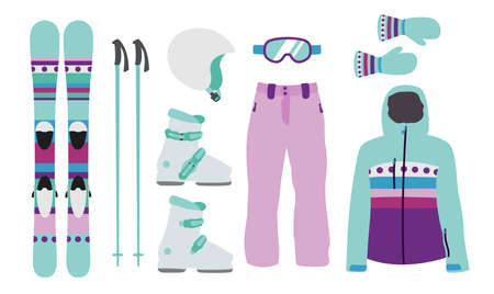 Child Ski equipment kit clothes vector illustration on transparent background. Extreme winter sport. Set skis and ski poles. vacation, activity or travel equipment sport mountain cold recreationのイラスト素材