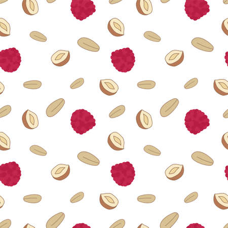 granola muesli raspberries nuts proper nutrition seamless pattern.のイラスト素材