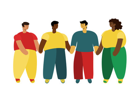 united community. friendship of peoples different modern people stand holding hands in full lengthのイラスト素材