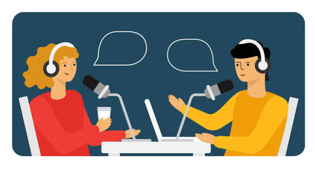 people recording audio podcast or online show vector flat illustrationのイラスト素材