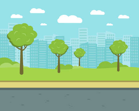 City street with trees and high-rise buildings. Park flat vector illustrationのイラスト素材
