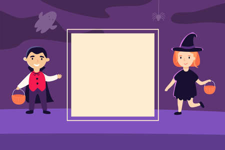 Halloween card with square frame and children. Vector illustration. Place for your textのイラスト素材