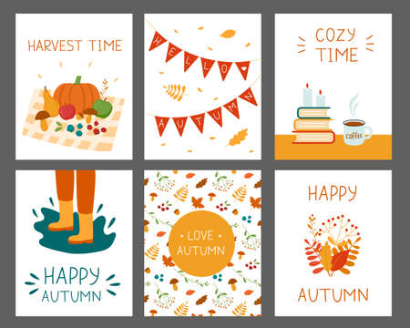 set autumn cards with leaves and harvestのイラスト素材