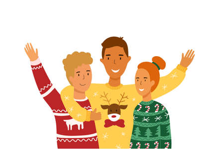 Ugly Christmas Sweater Party. Young people hug. Vector illustrationのイラスト素材