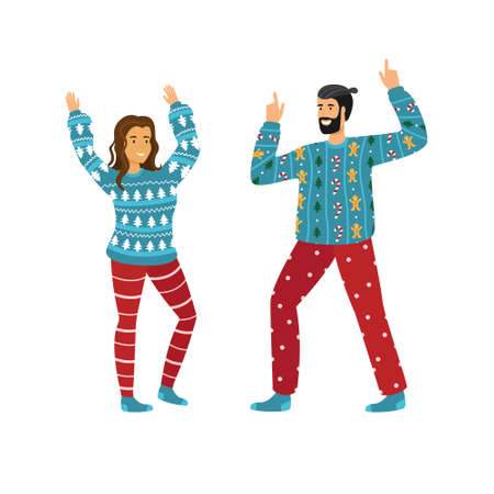 Couple of people in blue christmas sweaters happy dancingのイラスト素材