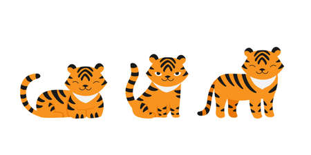 Set cute little tiger characters. Vector flat style.のイラスト素材