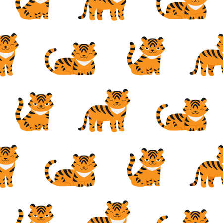 Seamless pattern with cute tigers. symbol of new 2022 year. Kid fabric designのイラスト素材
