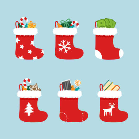 Christmas stockings white and red. Holiday Santa Claus winter socks for gifts.のイラスト素材