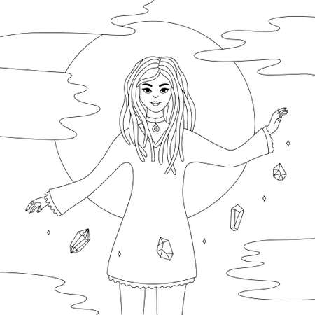 Modern witch, young magical girl on the background of the moon.のイラスト素材