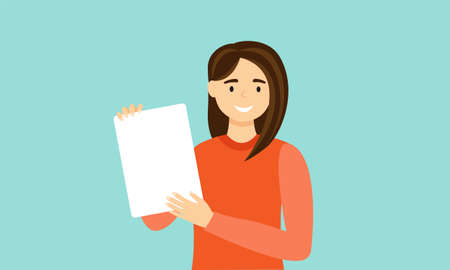 Young woman holding a blank sheet paper in hands.のイラスト素材