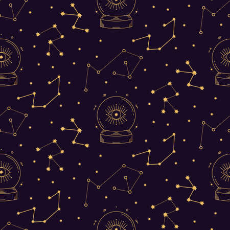 Celestial tarot astrological golden seamless pattern on dark background.のイラスト素材