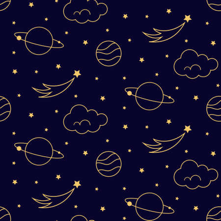 Celestial planet astrological golden seamless pattern on dark background.のイラスト素材