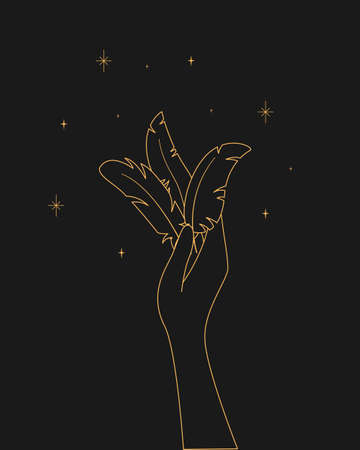 Magic sparkling feathers in hand. contour esoteric elegant illustrationのイラスト素材