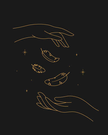 Magic sparkling feathers in hand. contour esoteric elegant illustrationのイラスト素材