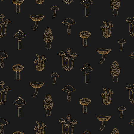 Seamless pattern outline golden esoteric mushrooms.のイラスト素材