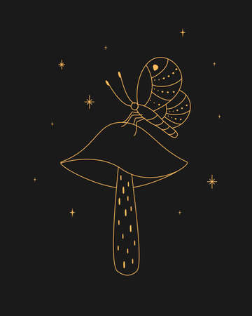 Magic butterfly on a fairy mushroom outline.のイラスト素材