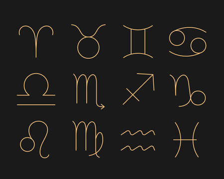 12 Outline Style Zodiac Signs Capricorn Aquarius Pisces Aries Taurus Gemini Cancer Leo Virgo Libra Scorpio Sagittarius - Gold on Black Backgroundのイラスト素材