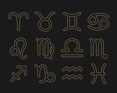 12 Outline Style Zodiac Signs Capricorn Aquarius Pisces Aries Taurus Gemini Cancer Leo Virgo Libra Scorpio Sagittarius - Gold on Black Backgroundのイラスト素材
