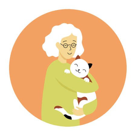 Grandma hugs a cat, vector illustration in flat style. Old lady and her animal petのイラスト素材