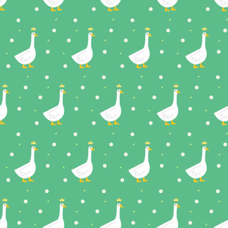 Geese seamless pattern on a green background with flowersのイラスト素材