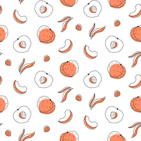 Seamless pattern Peach outline doodle with spots. Whole, pieces, seed and leaves