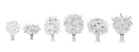 Set of different doodle outline bouquets. Collection of various blooming plants with stems and leaves isolated on white. Floral decoration or giftのイラスト素材