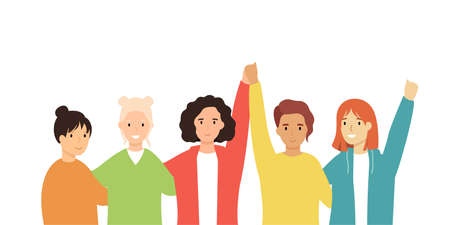 Girls standing together and holding hands. Group of female friends.のイラスト素材