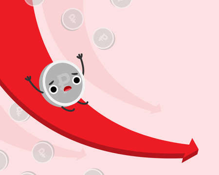 Economic crisis with ruble downfall. Screaming coin character slides down arrowのイラスト素材