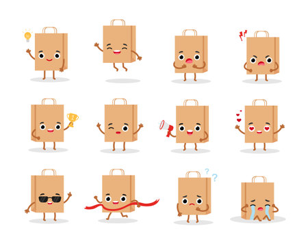 Set of paper shopping bag emotions character. Emoji Icons vector illustrationのイラスト素材