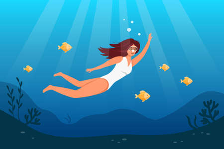 Girl in a white swimsuit swimming underwater with fish. Full length side view. flat vector illustrationのイラスト素材
