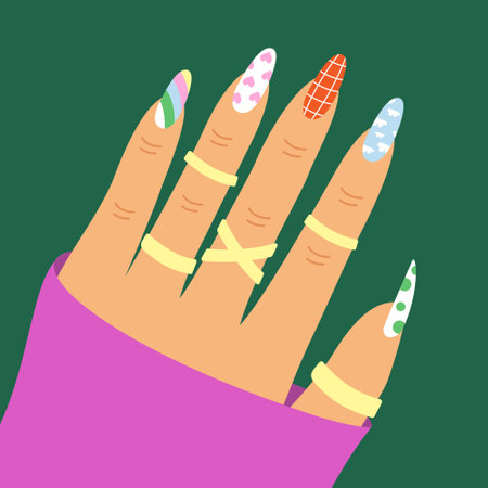 Female hand with aesthetic manicured nails, golden ring. Nostalgia for 1990s.