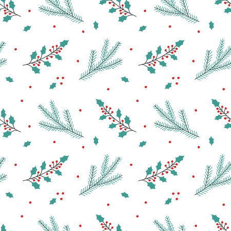 Christmas seamless pattern with holly twigs. New year illustration in flat style. Vector background...