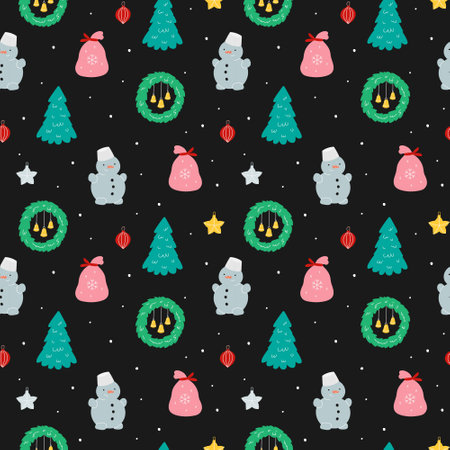 Christmas seamless pattern. New year illustration in flat style. Vector background for wrapping paper, banners, web, scrapbooking and other holiday designのイラスト素材