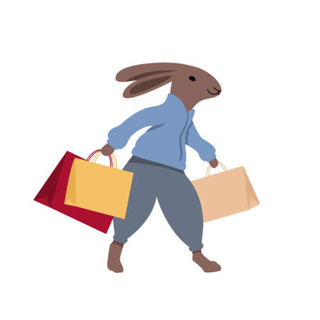 Rabbit carrying shopping bags. Merry Christmas and Happy New Year greeting card. Happy bunny taking part in seasonal sale at store, shop, mall and online.のイラスト素材