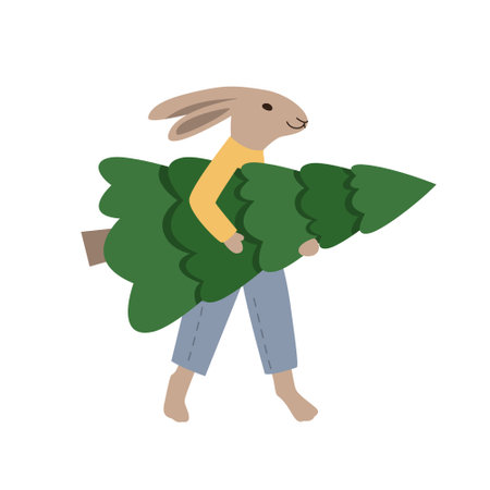 Bunny carrying big xmas pine tree. Merry Christmas and Happy New Year greeting cardのイラスト素材