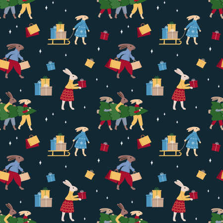 Christmas seamless pattern with rabbits. New year background for wrapping paper, banners, web design, scrapbooking and other holiday designのイラスト素材