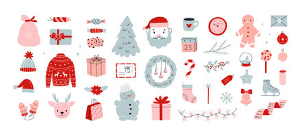 Christmas items set in flat doodle style. New year characters and gifts for postcards, textile, banners, web design, scrapbookingのイラスト素材