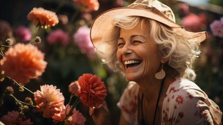 Happy senior woman with flowers in garden Generative AIの素材