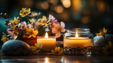 Beauty treatment items for spa setting with candles Generative AIの素材