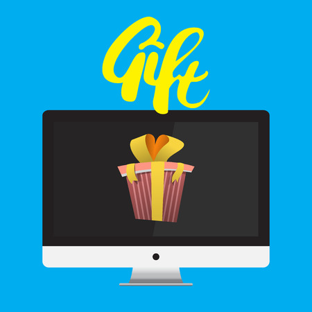 Vector Monitor With Gift Ribbon isolated on blue backgroundのイラスト素材
